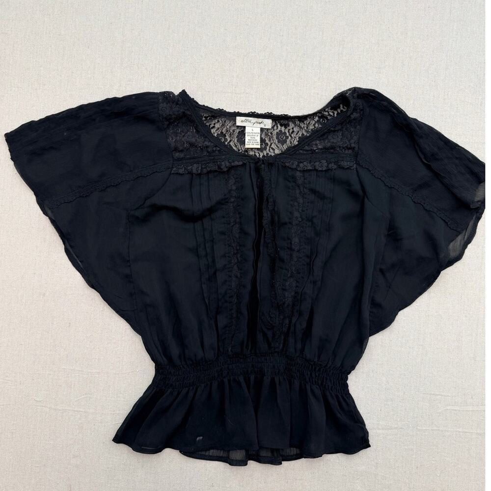 Ultra Pink Black Lace Yoke Peasant Top